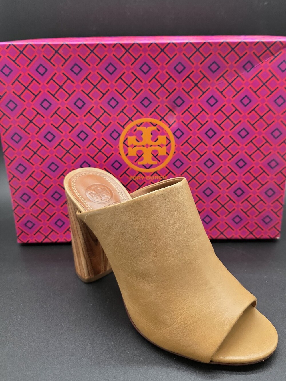 IOB Tory Burch Reya Tan Leather Open-Toe Mule with Wood Block Heel 7
